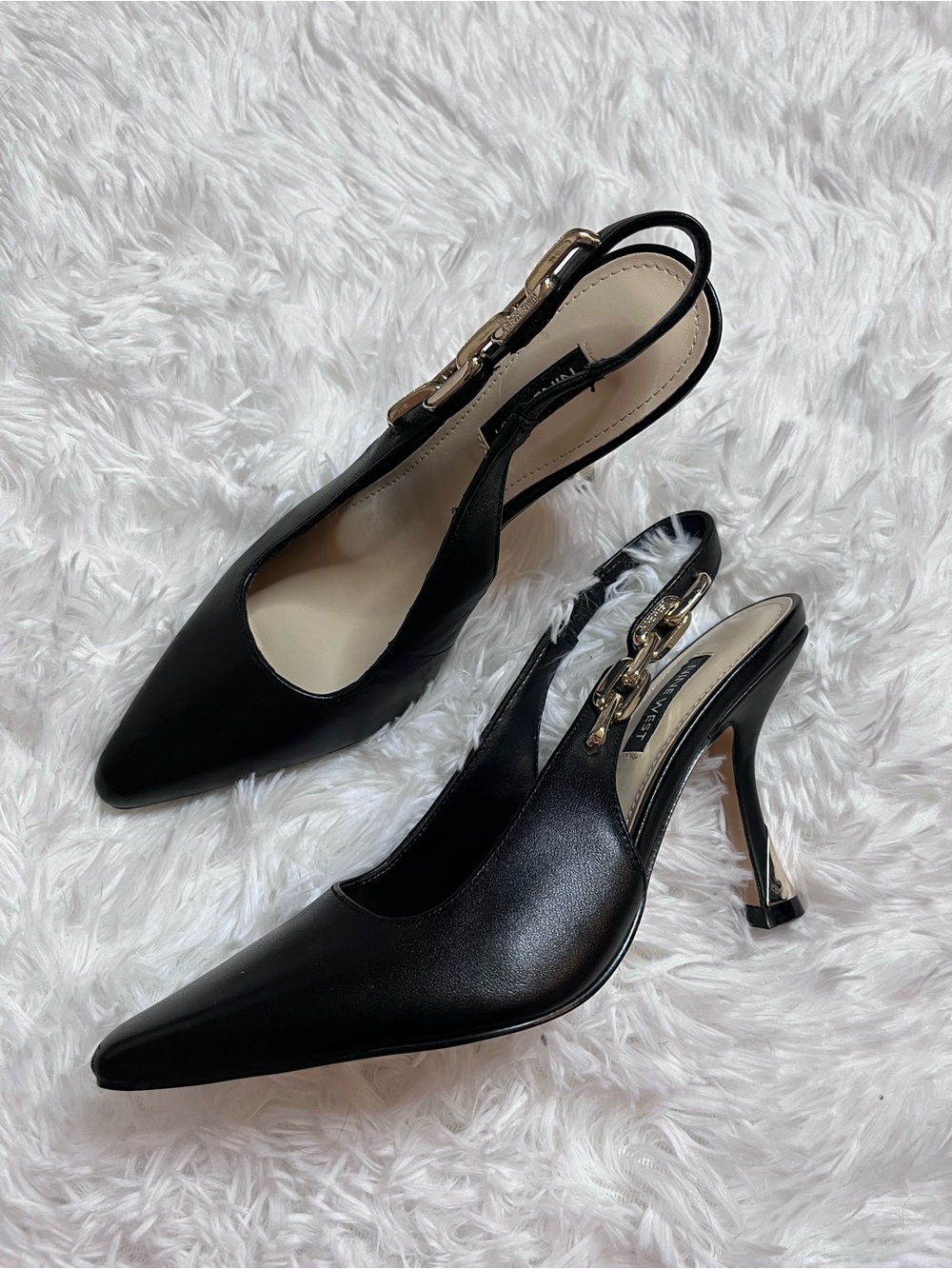 Nine West Black Pointed Slingback Pumps with Gold Chain Detail
